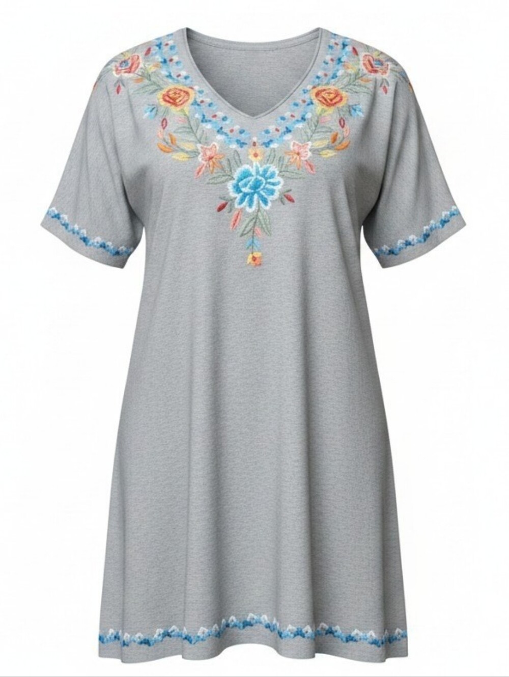 CAITE | Embroidered Floral Boho Tunic Heather Gray Made India |‎ L